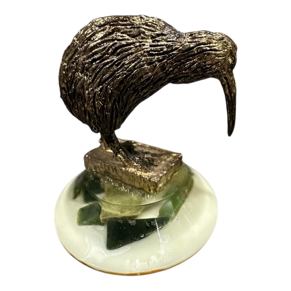 Brass Bronze Kiwi Sculpture Figurine Vtg New Zealand Bird Decor Resin Jade Base